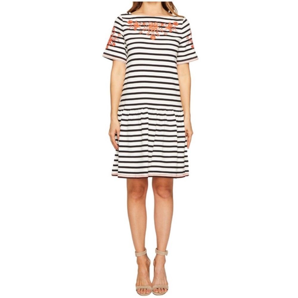 Kate Spade Broome Street, Drop Waist, Embroidered, Cotton Stripe Dress Small